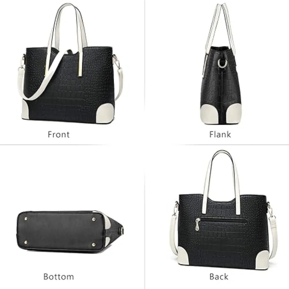 Black Croc Embossed Structured Tote Bag White Handles Top Handle Office Bag OS